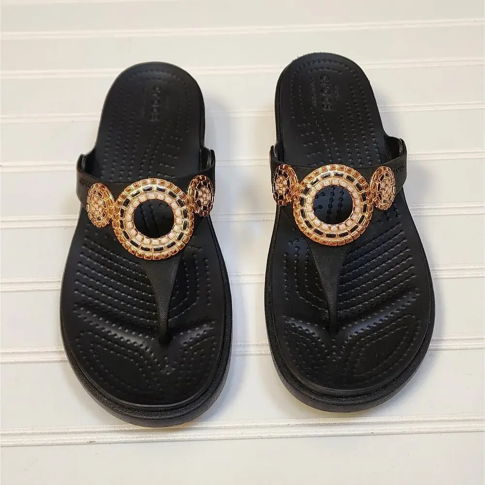 Crocs Women's Sanrah Diamante Wedge Flip Sandals Size 8 Black - Picture 3 of 10